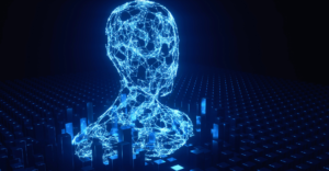 a blue glowing wireframe of a human head